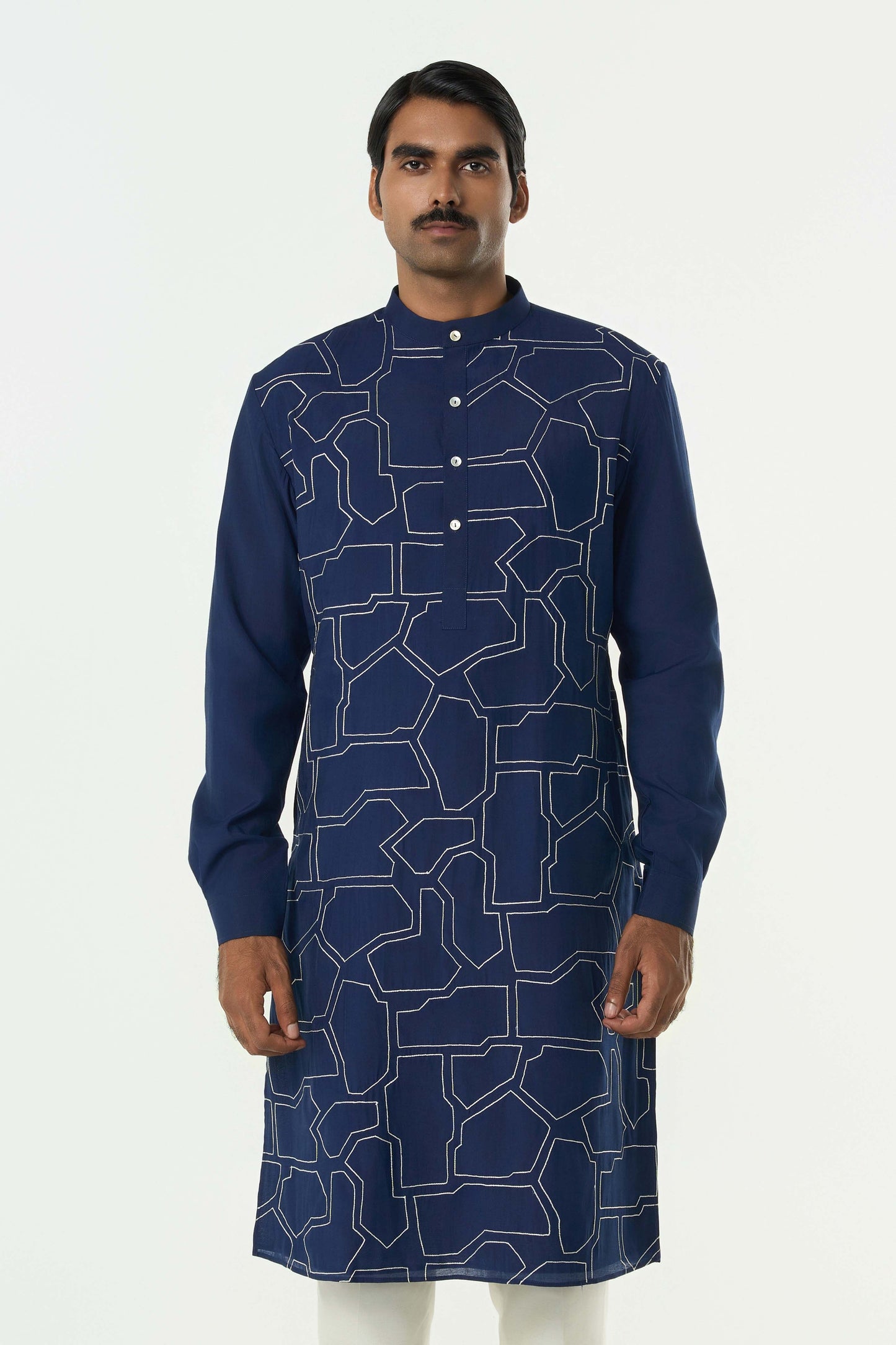 Geo Block Kurta - Navy Blue