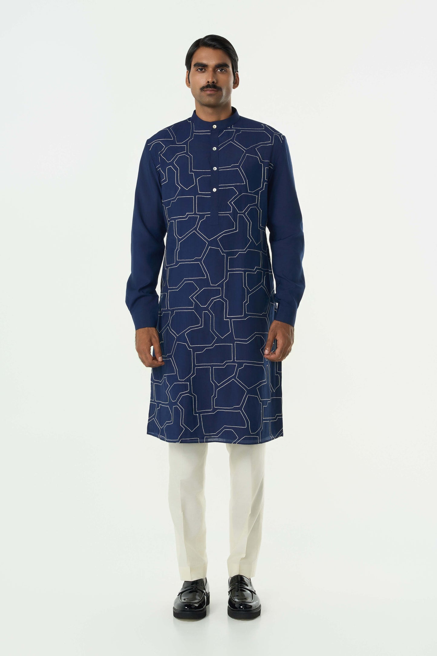 Geo Block Kurta - Navy Blue