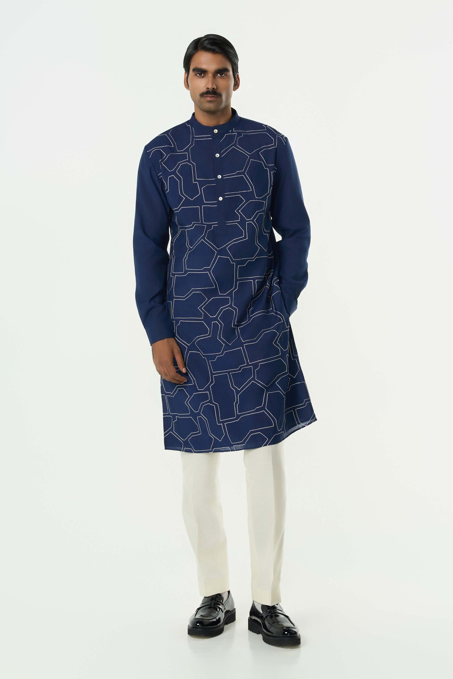Geo Block Kurta - Navy Blue