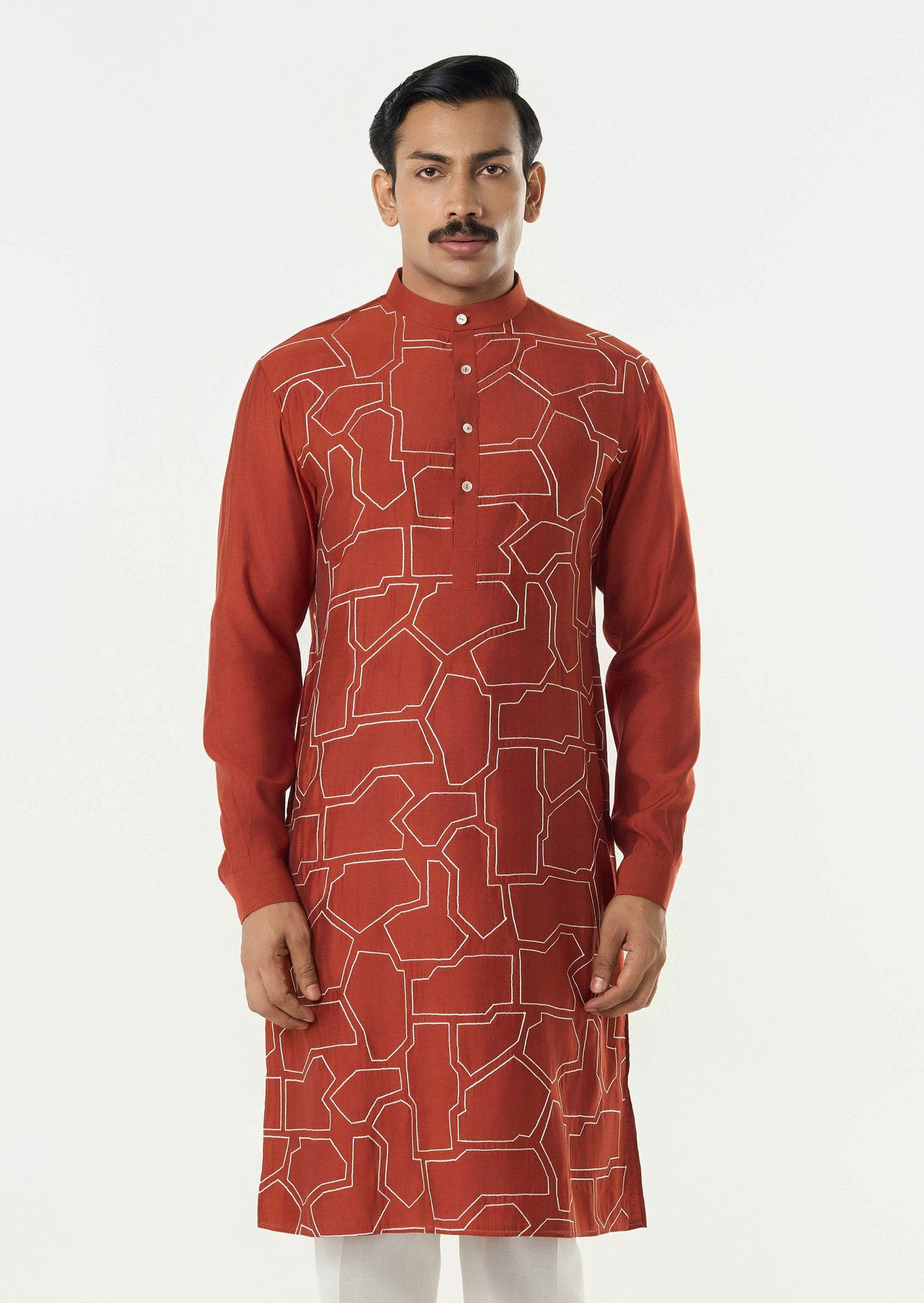 Geo Block Kurta - Rust