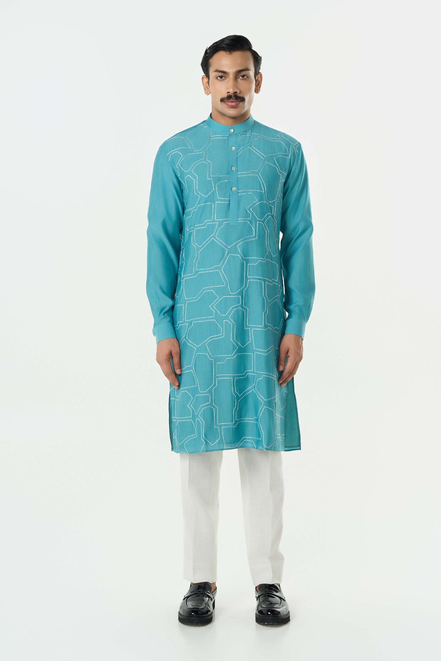 Geo Block Kurta - Teal Blue