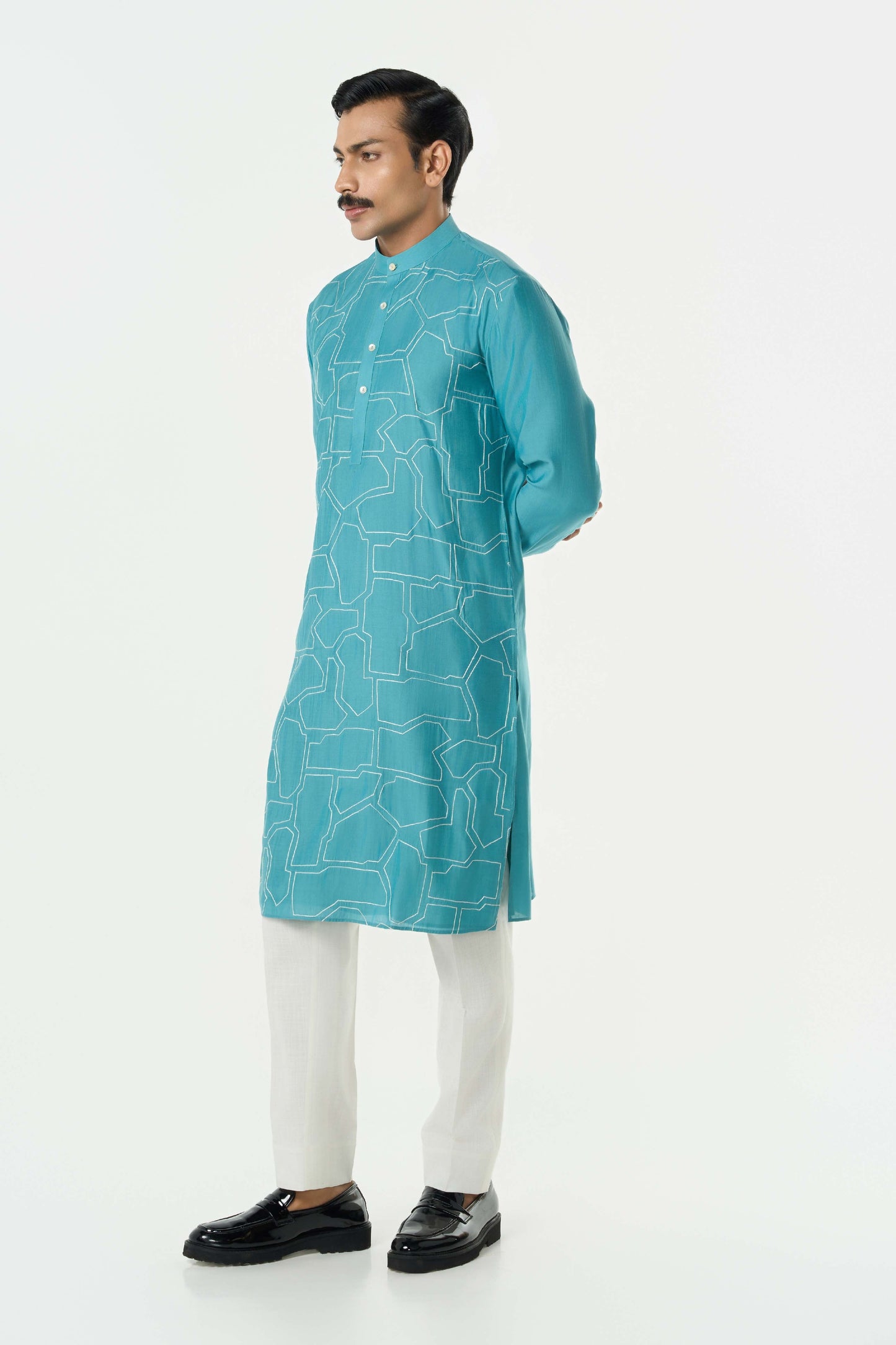 Geo Block Kurta - Teal Blue
