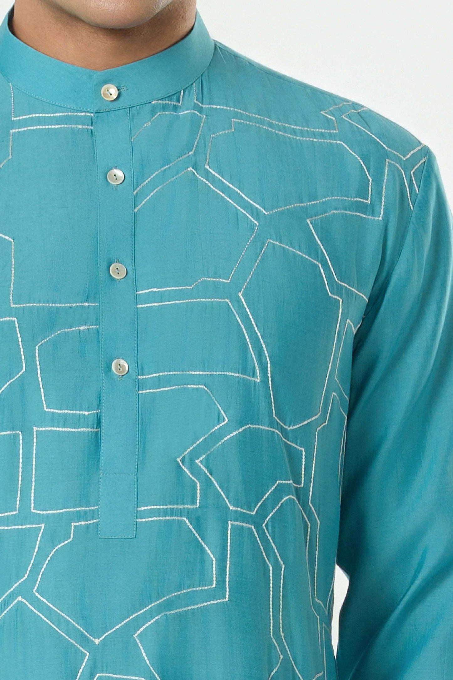 Geo Block Kurta - Teal Blue