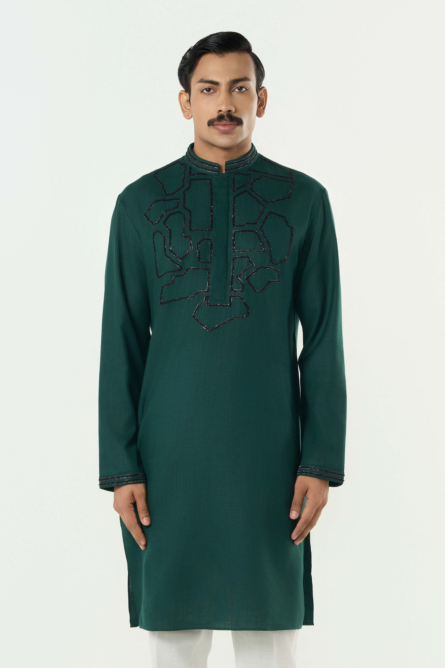 Geo Frame Kurta - Bottle Green