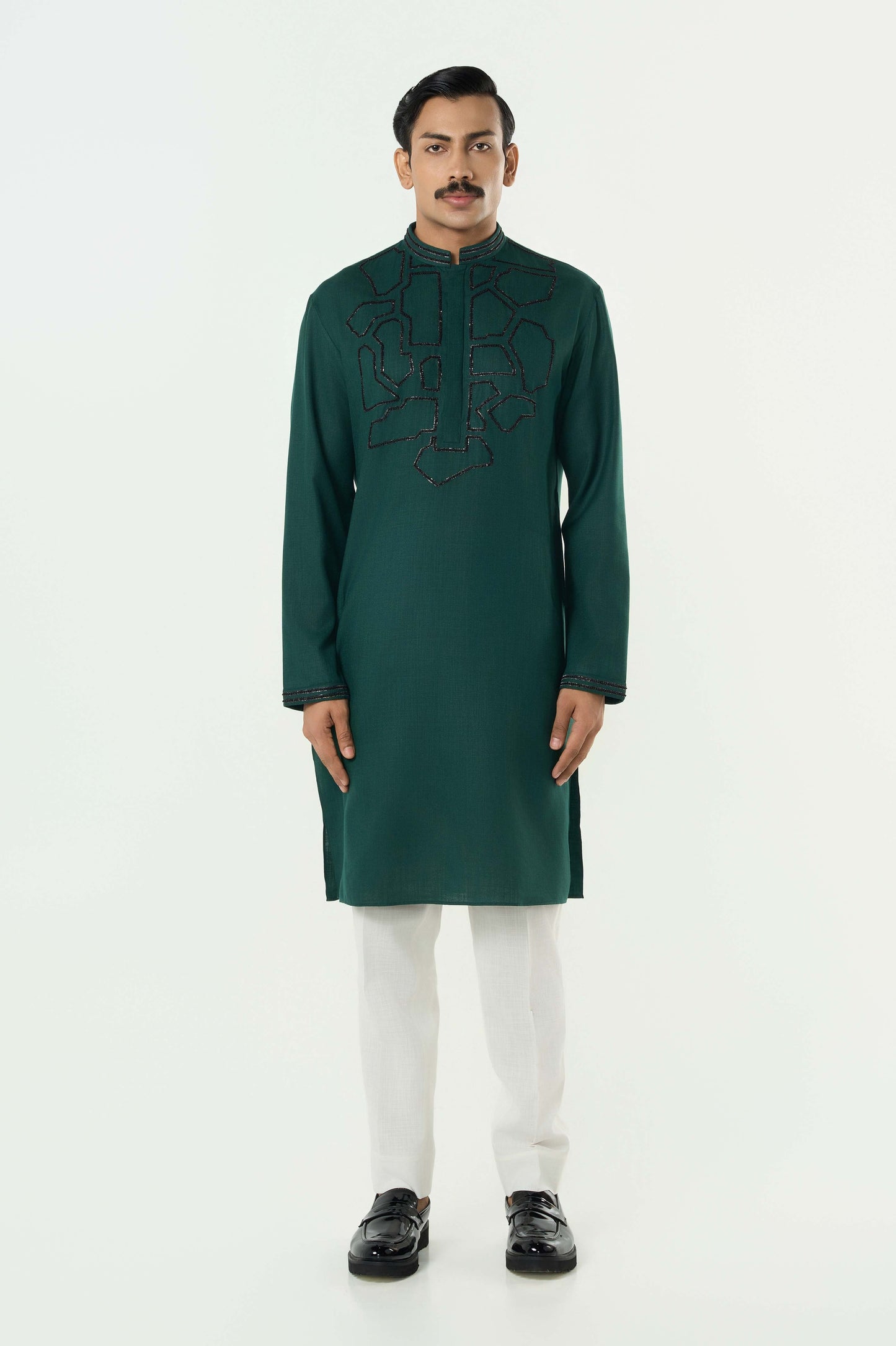 Geo Frame Kurta - Bottle Green