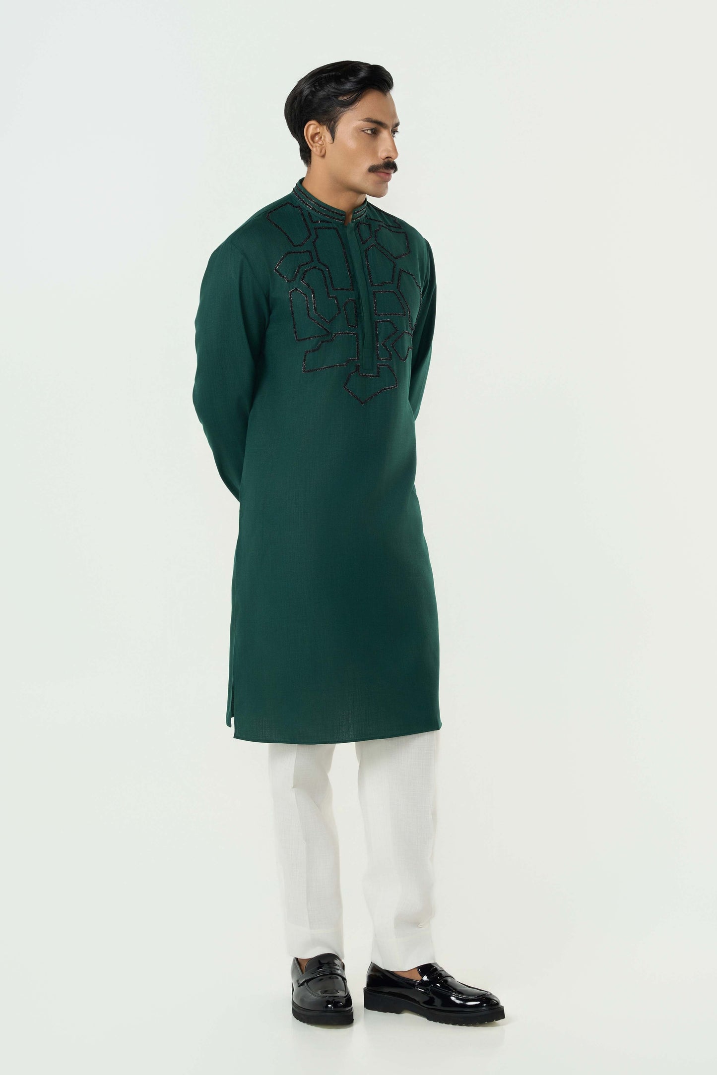 Geo Frame Kurta - Bottle Green