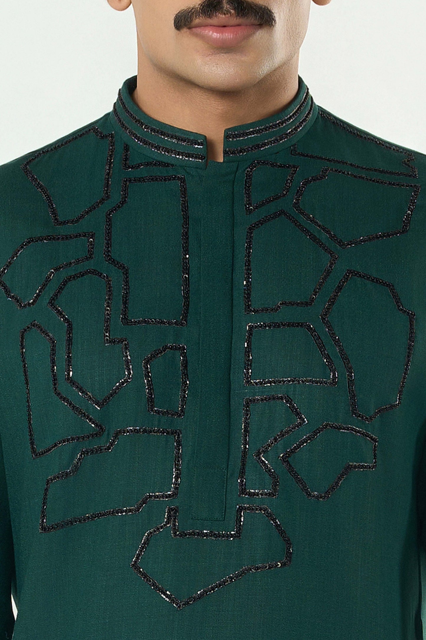 Geo Frame Kurta - Bottle Green