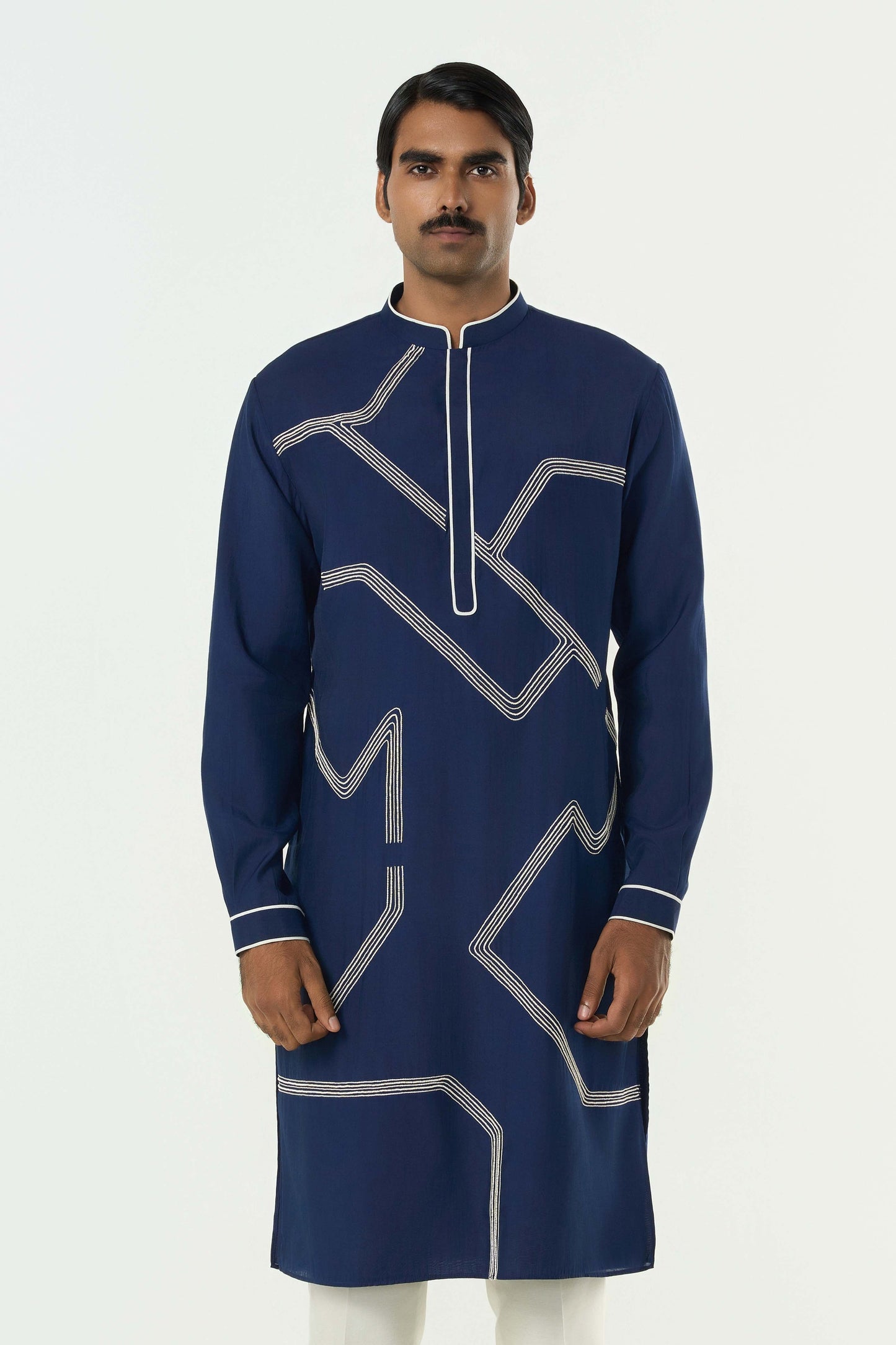 Meta Grid Kurta - Navy Blue