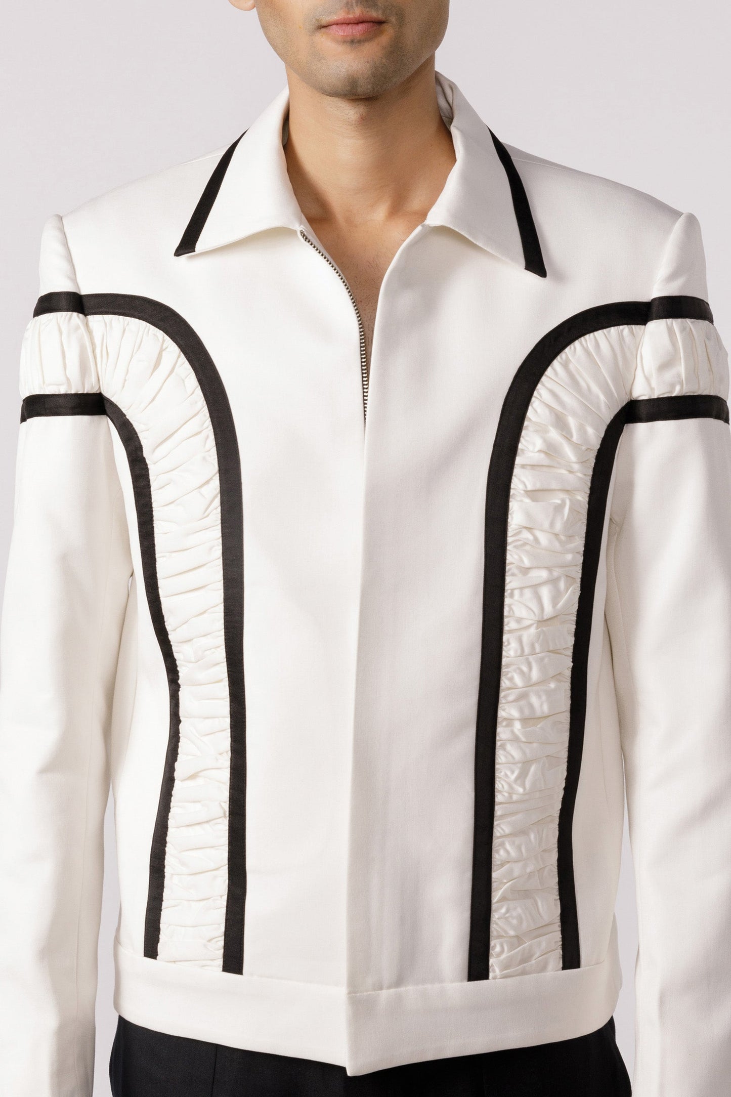Arched ruched bomber jacket