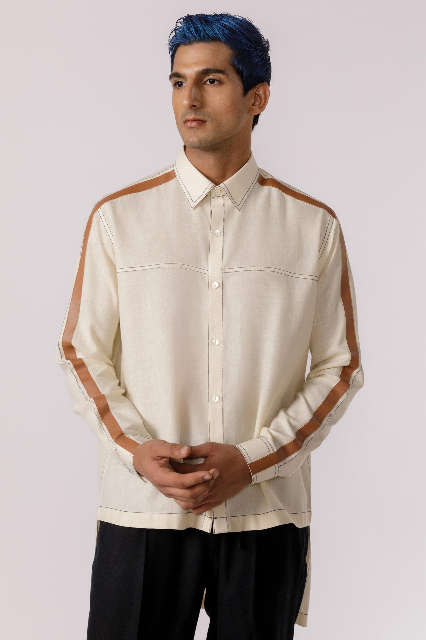 Leather accent high - low shirt