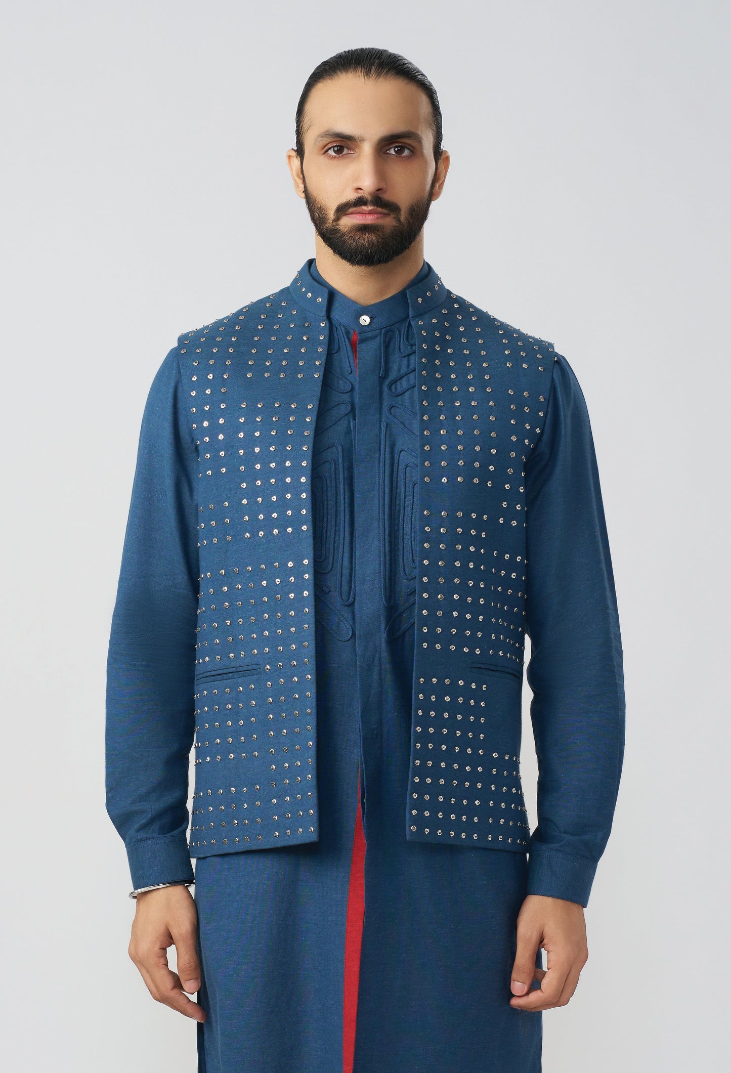 Block Studded Bandi Jacket Set - Royal Blue