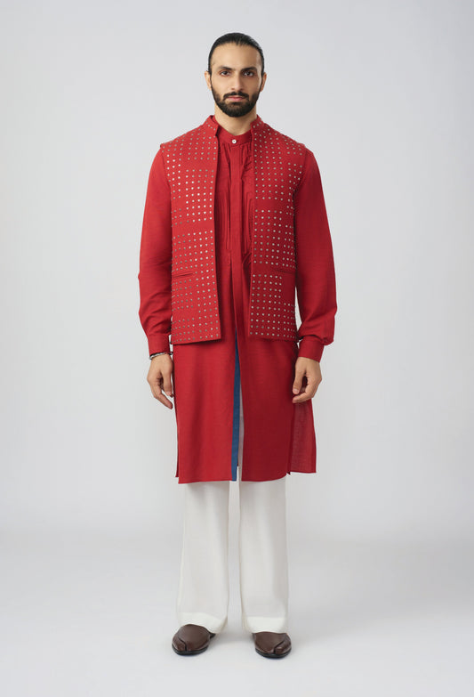 Block Studded Bandi Jacket Set - Rust
