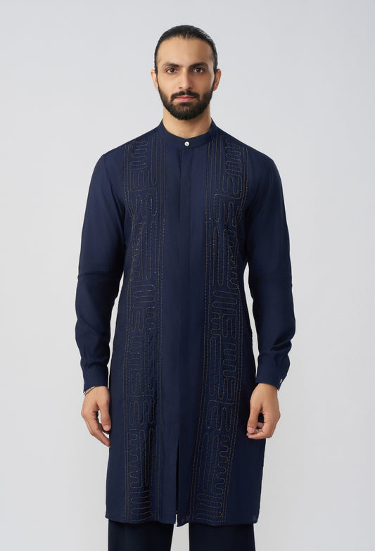 Carved Lines Kurta - Navy Blue