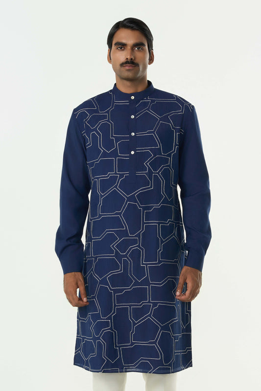 Geo Block Kurta - Navy Blue