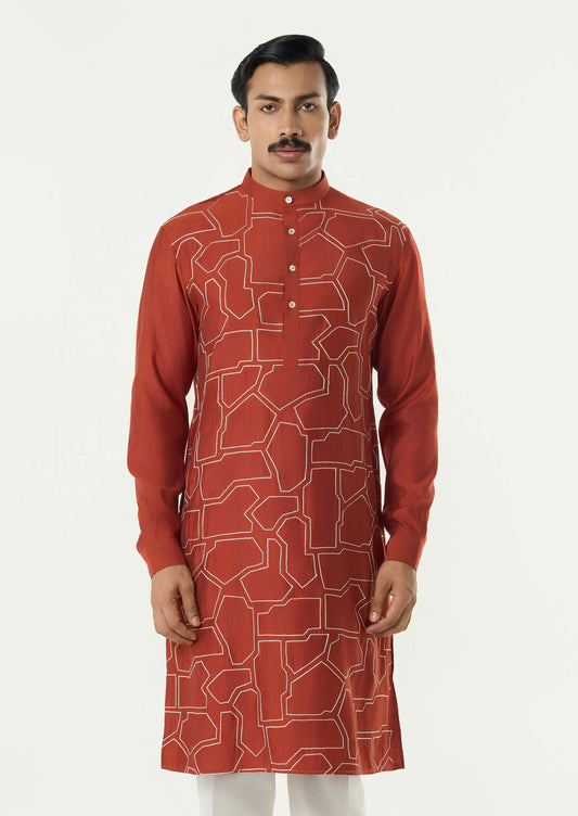 Geo Block Kurta - Rust