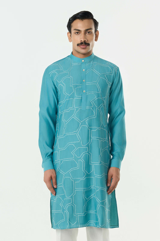 Geo Block Kurta - Teal Blue