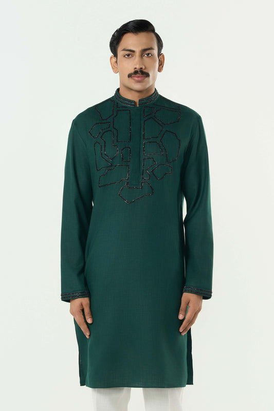 Geo Frame Kurta - Bottle Green