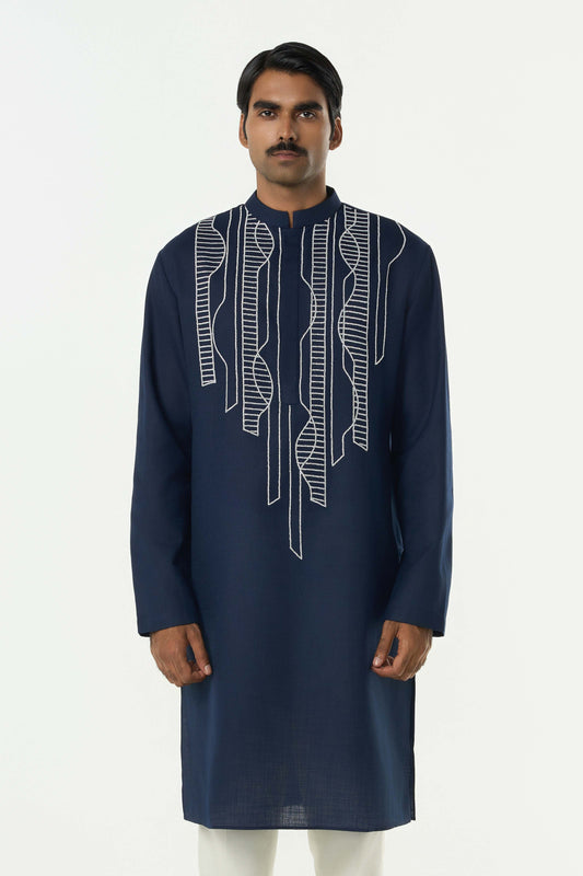 Grill Grid Kurta - Navy Blue