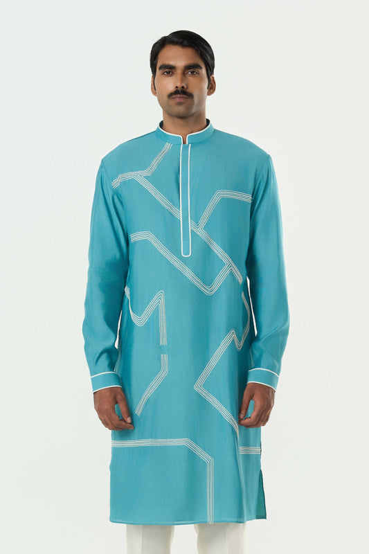 Meta Grid Kurta - Teal Blue