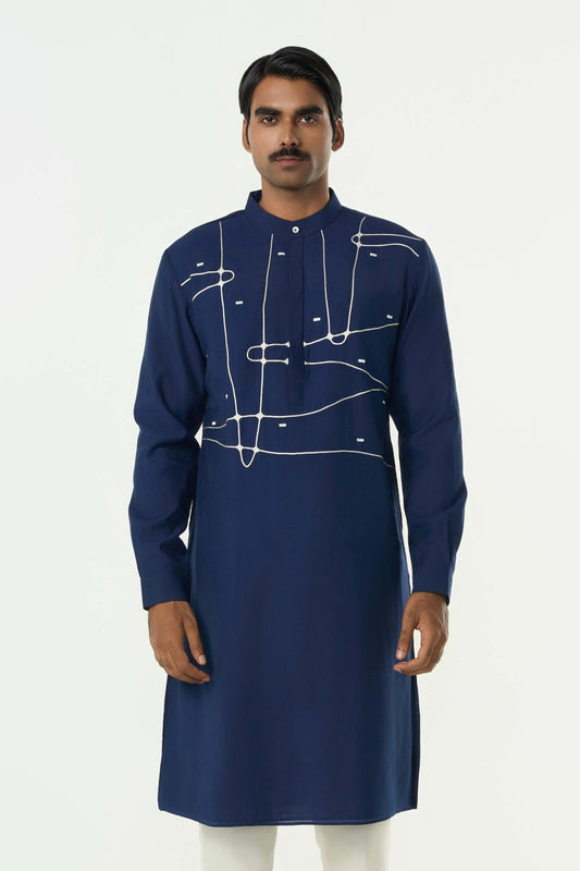 Pixel Warp Kurta - Navy Blue