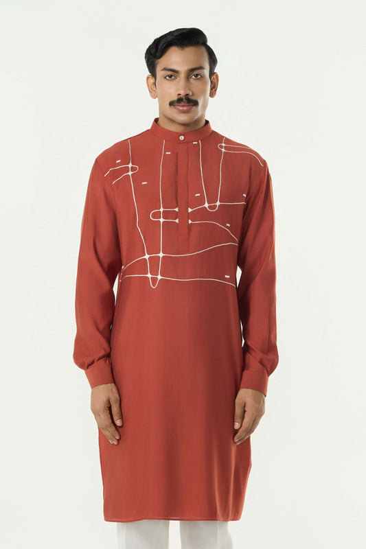 Pixel Warp Kurta - Rust
