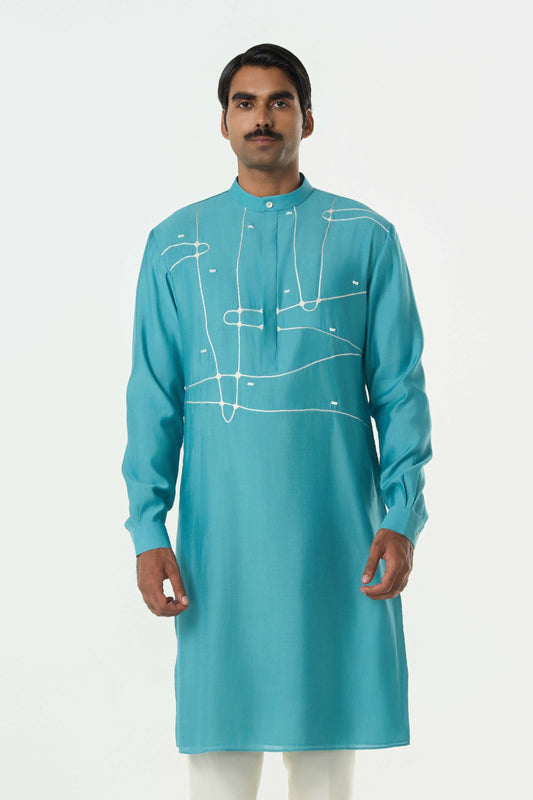 Pixel Warp Kurta - Teal Blue