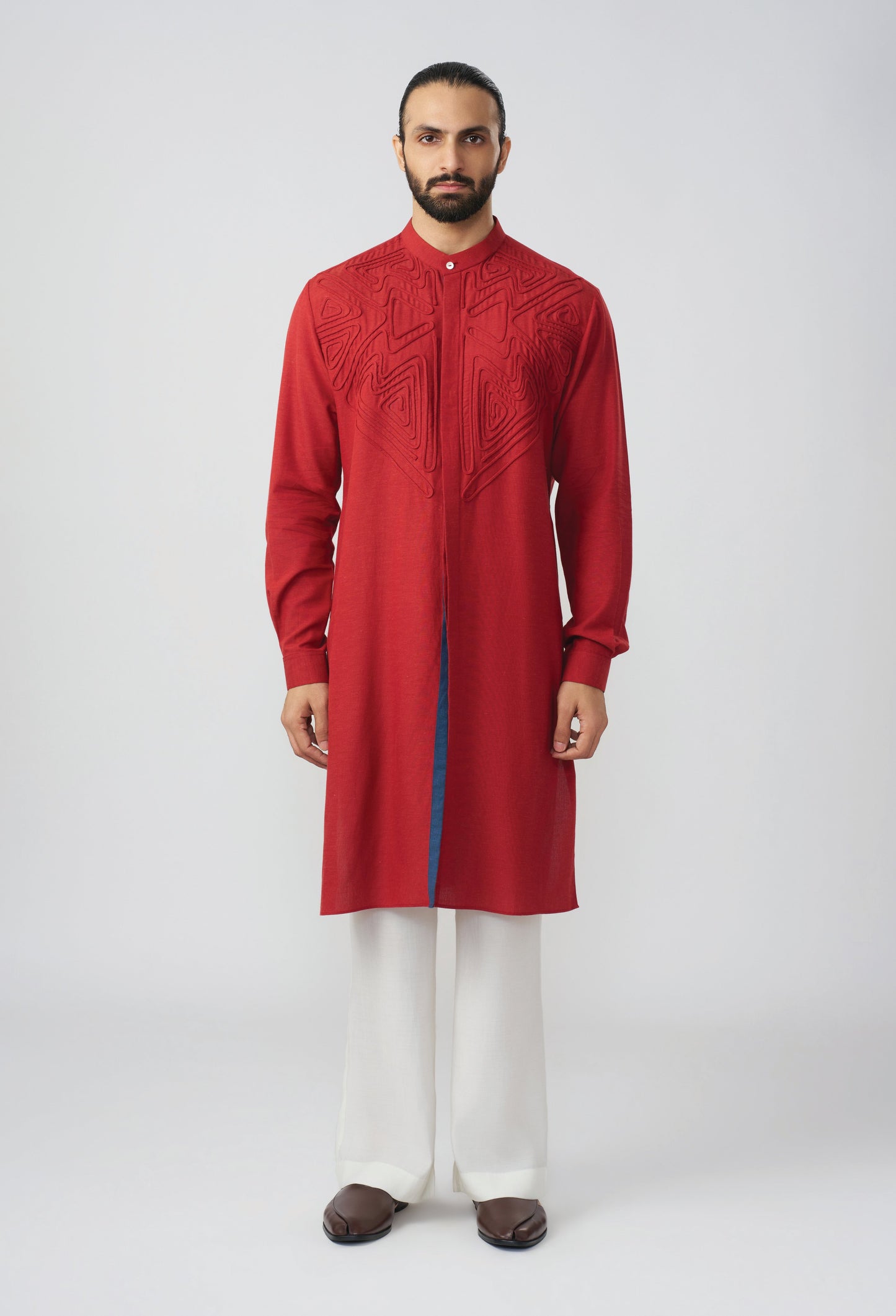 Geometric Contour Kurta - Rust