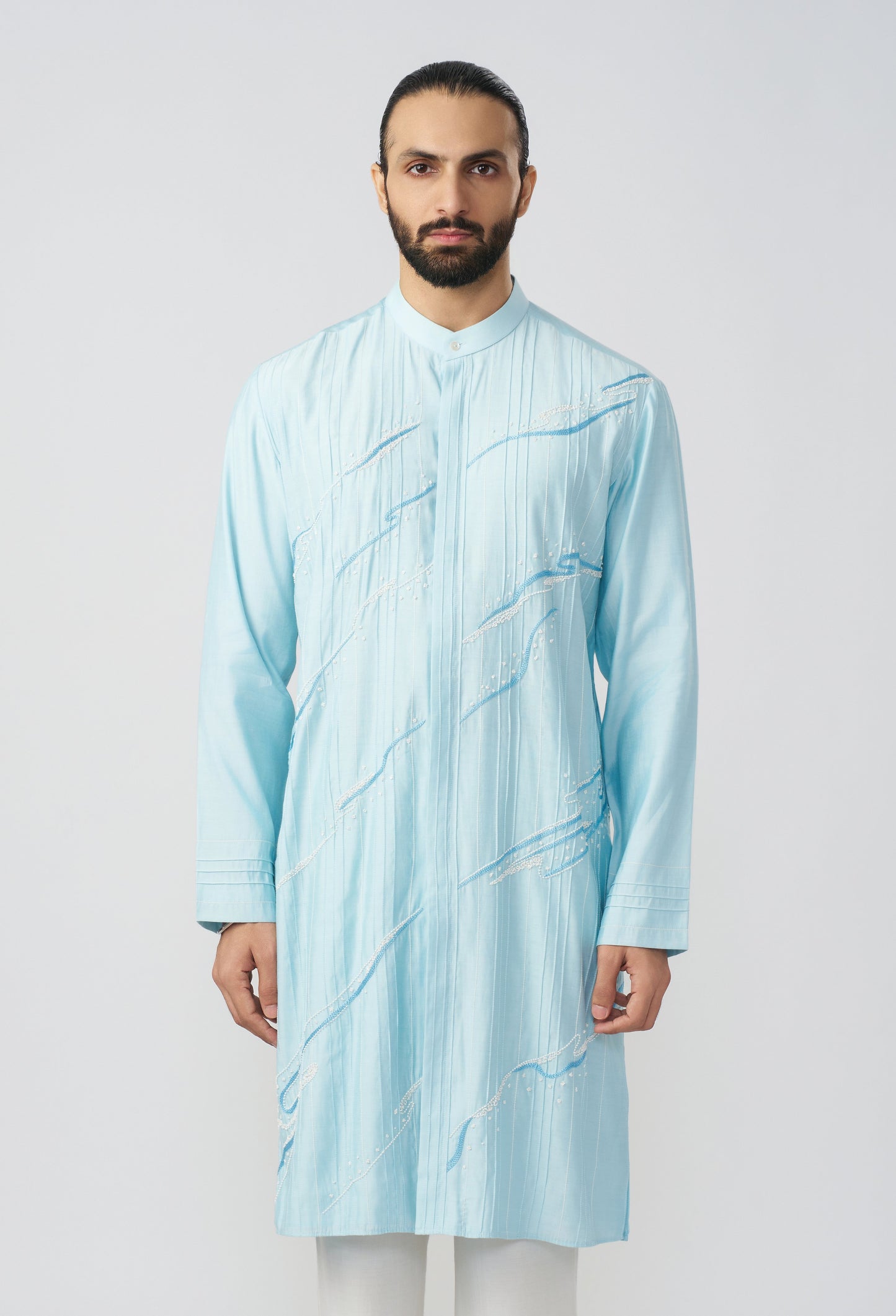 Gestural Pintucked Kurta - Pastel Blue