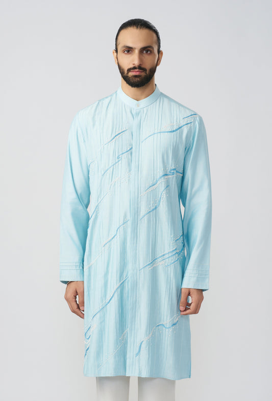 Gestural Pintucked Kurta - Pastel Blue