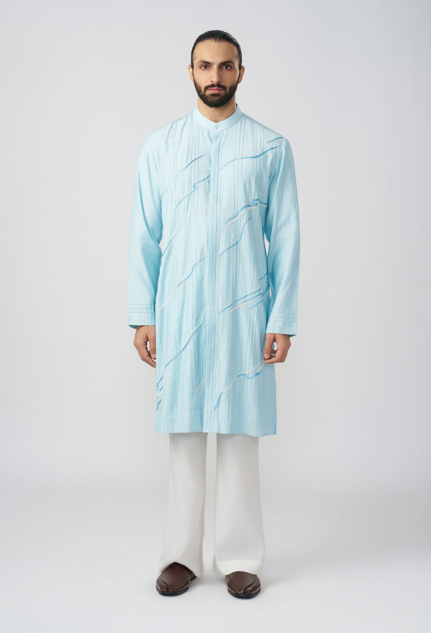 Gestural Pintucked Kurta - Pastel Blue
