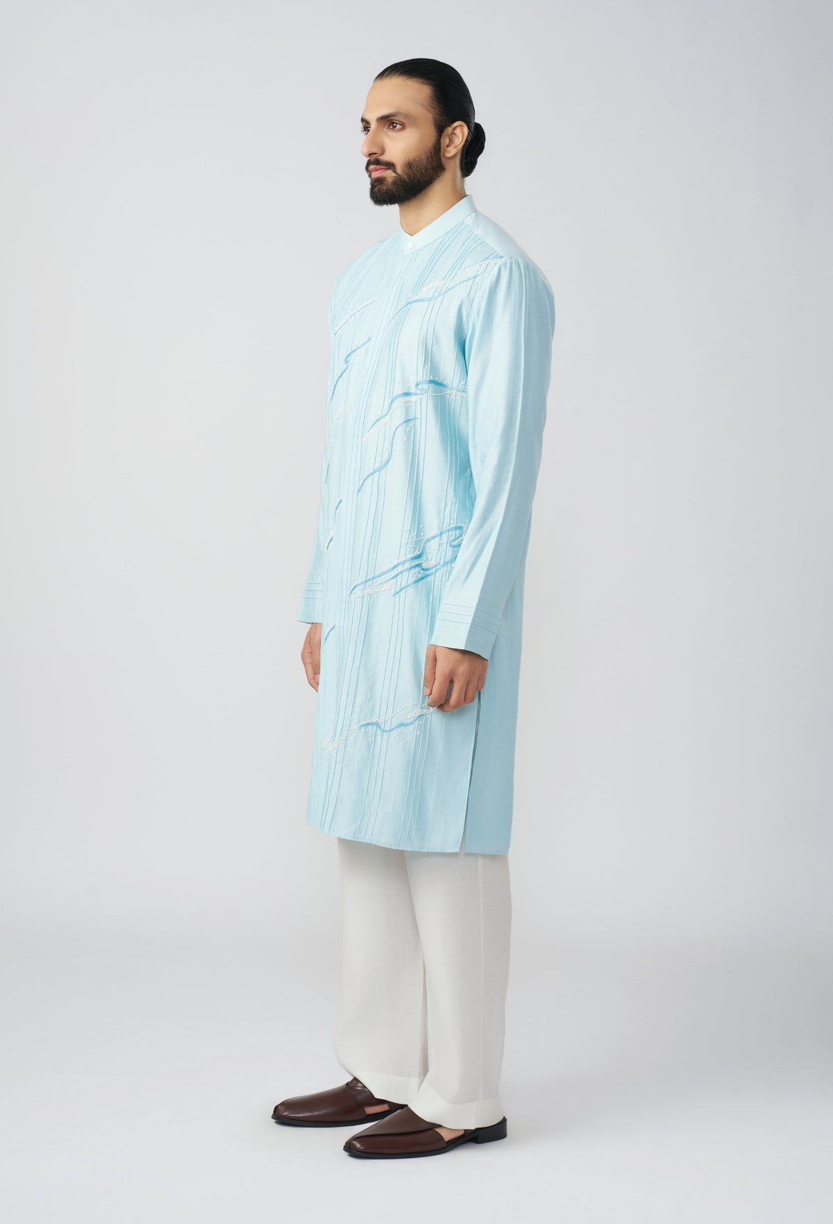 Gestural Pintucked Kurta - Pastel Blue