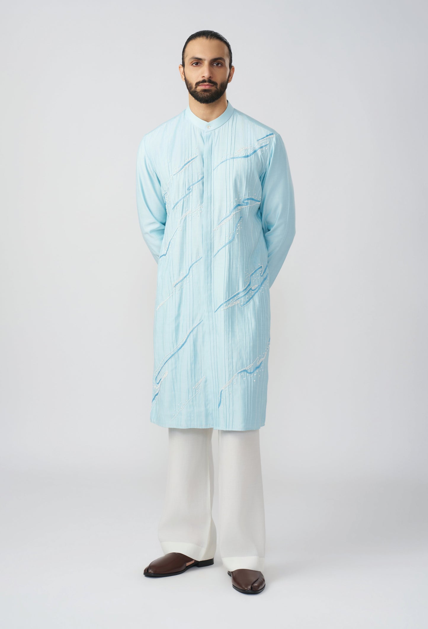 Gestural Pintucked Kurta - Pastel Blue