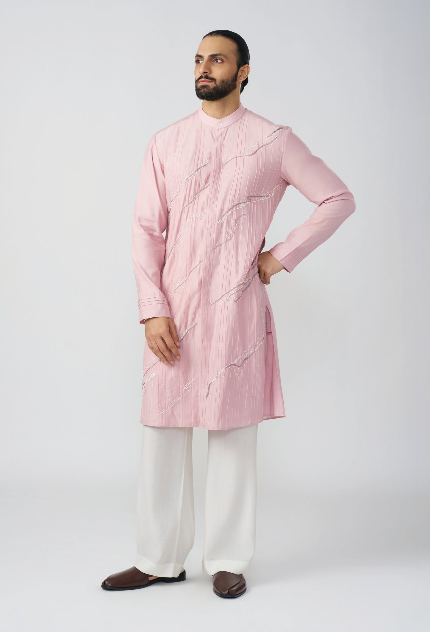 Gestural Pintucked Kurta - Pastel Pink
