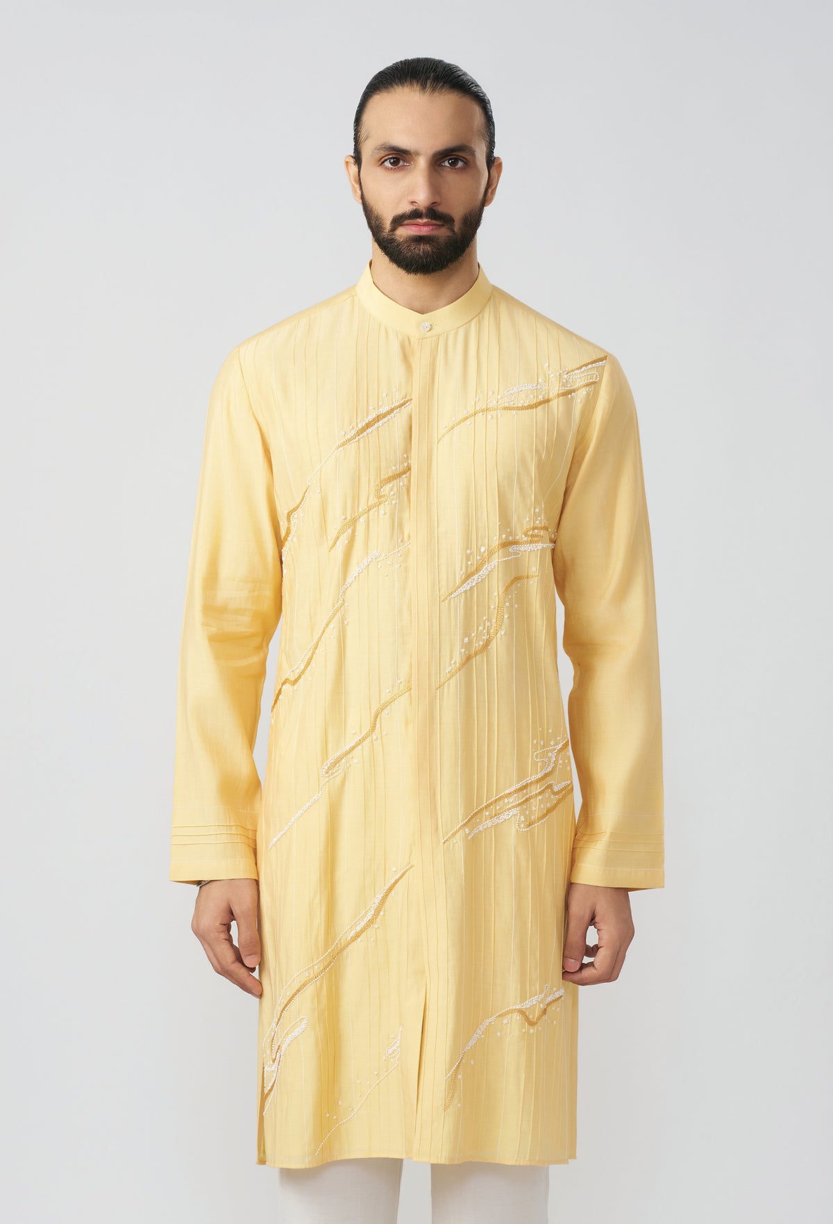 Gestural Pintucked Kurta - Pastel Yellow