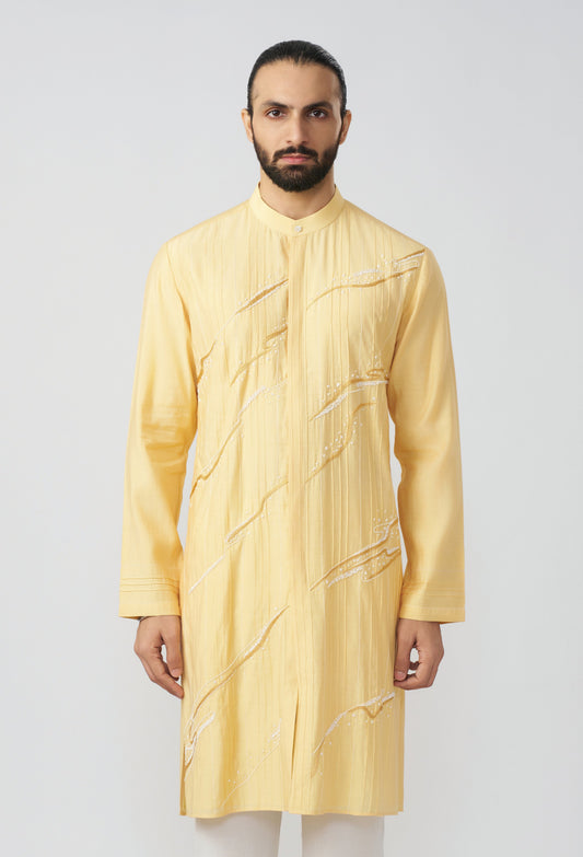 Gestural Pintucked Kurta - Pastel Yellow