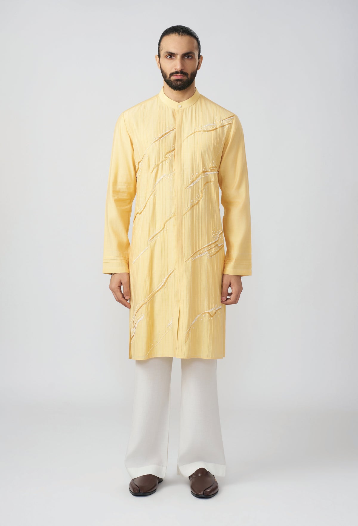 Gestural Pintucked Kurta - Pastel Yellow