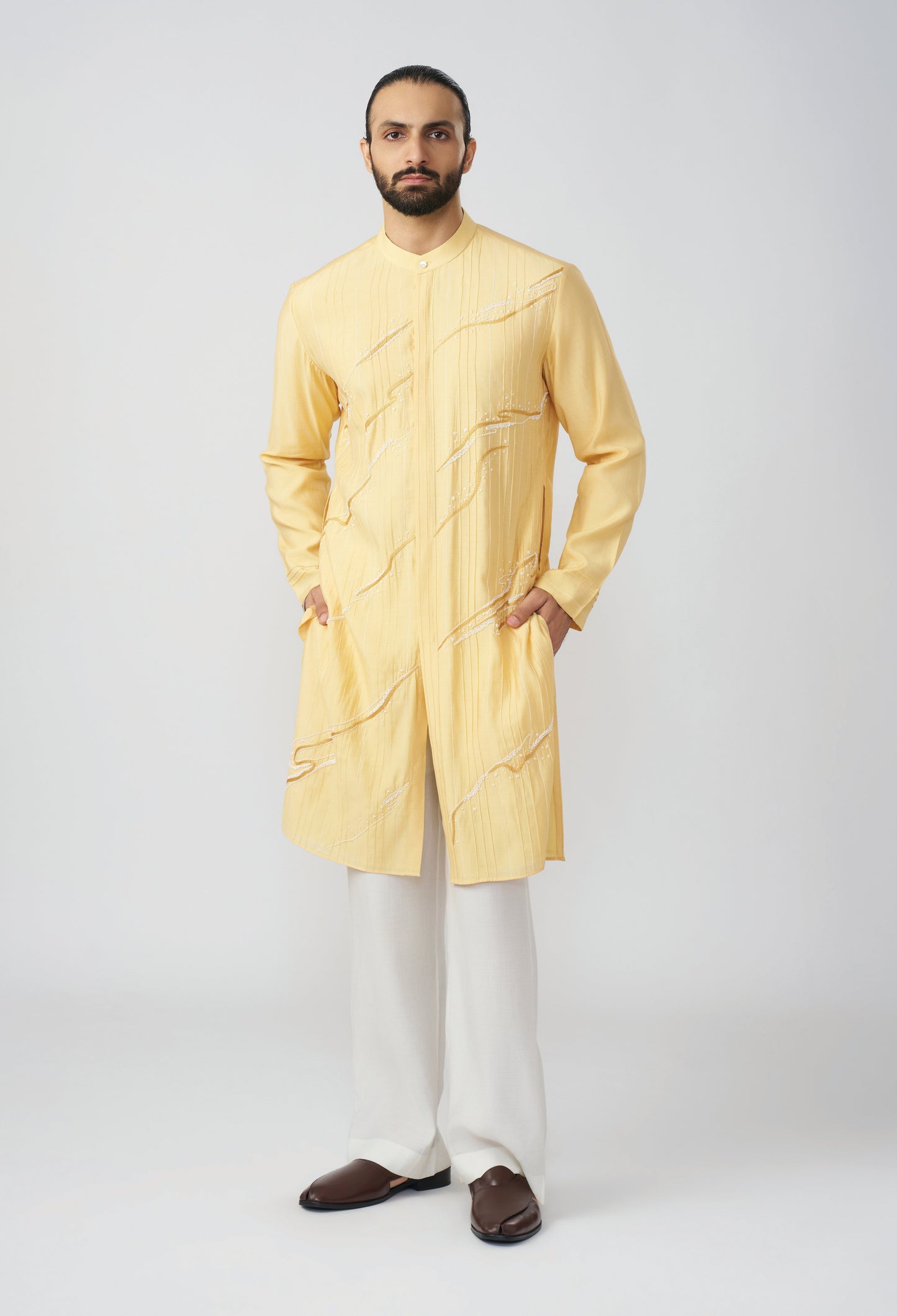 Gestural Pintucked Kurta - Pastel Yellow