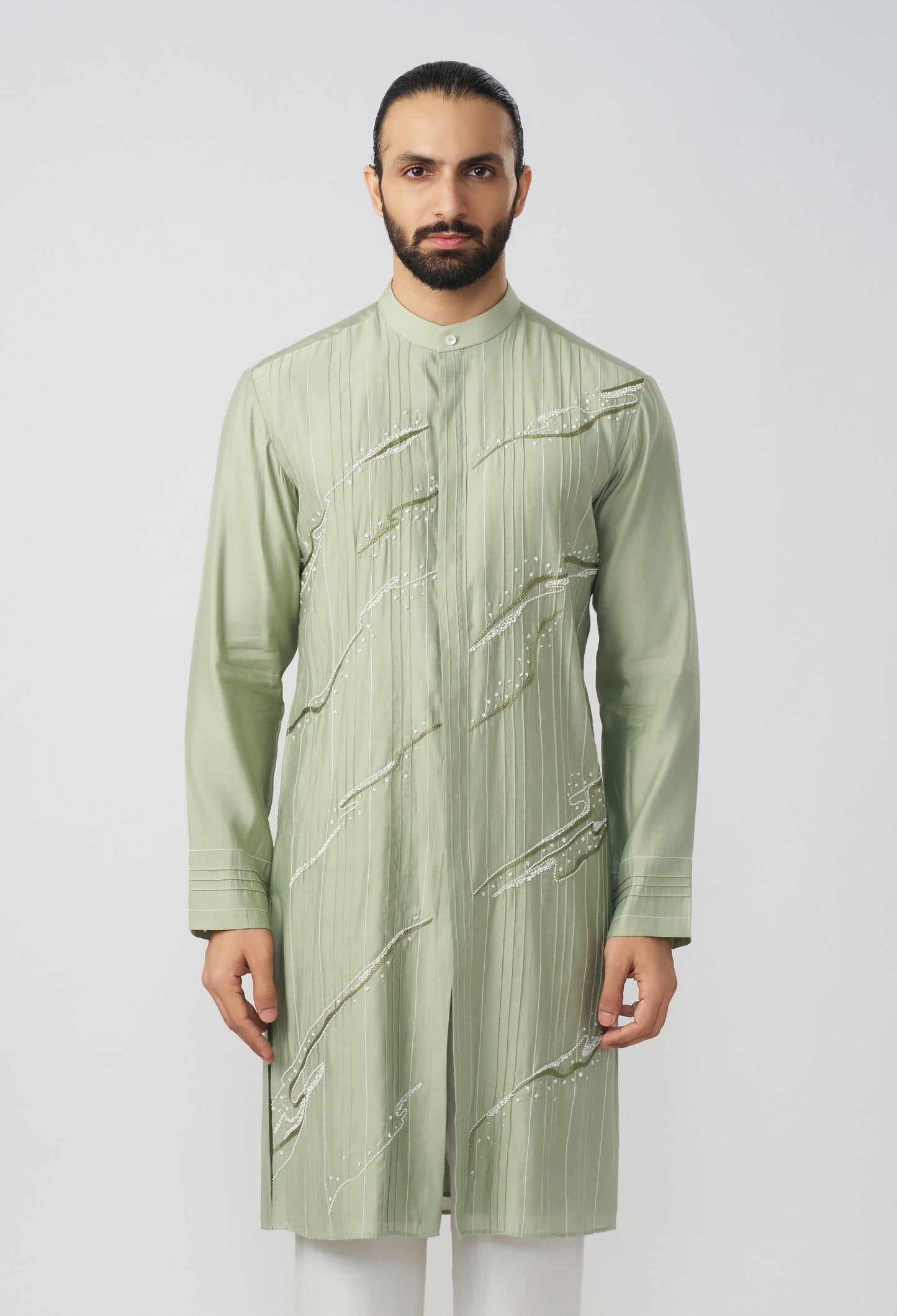Gestural Pintucked Kurta - Sea Green