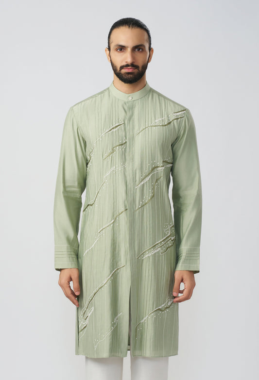 Gestural Pintucked Kurta - Sea Green