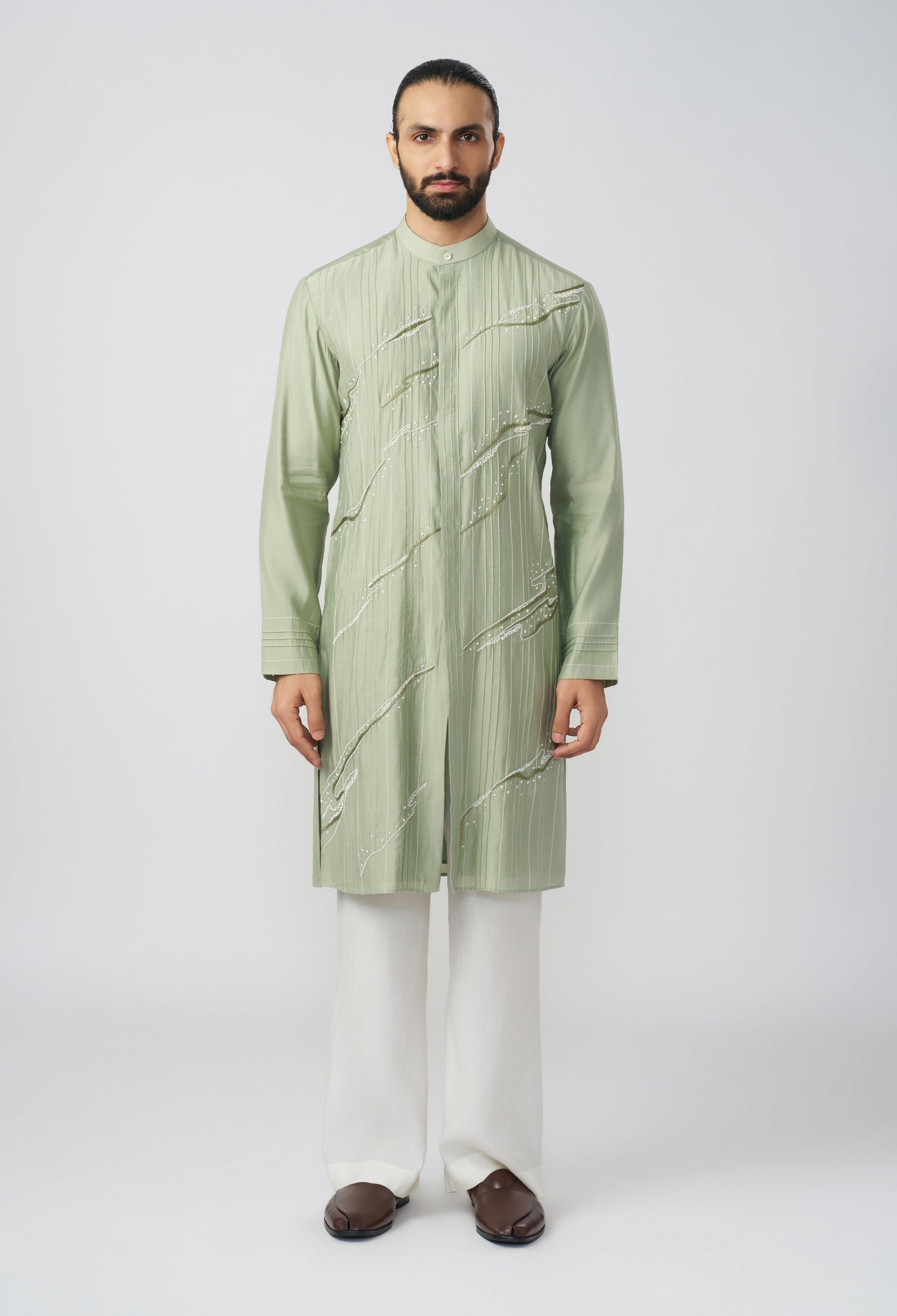 Gestural Pintucked Kurta - Sea Green