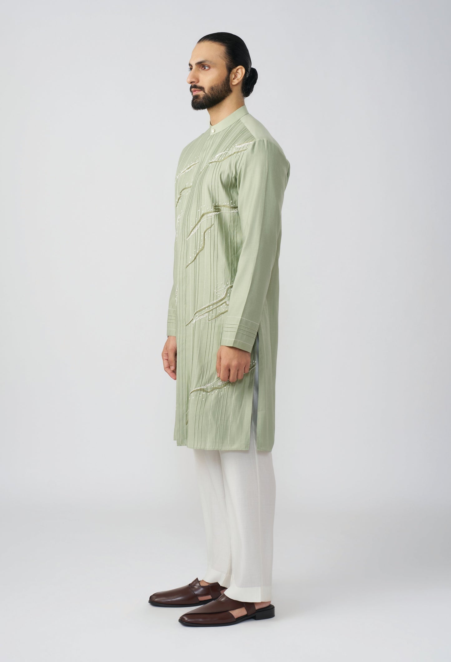 Gestural Pintucked Kurta - Sea Green
