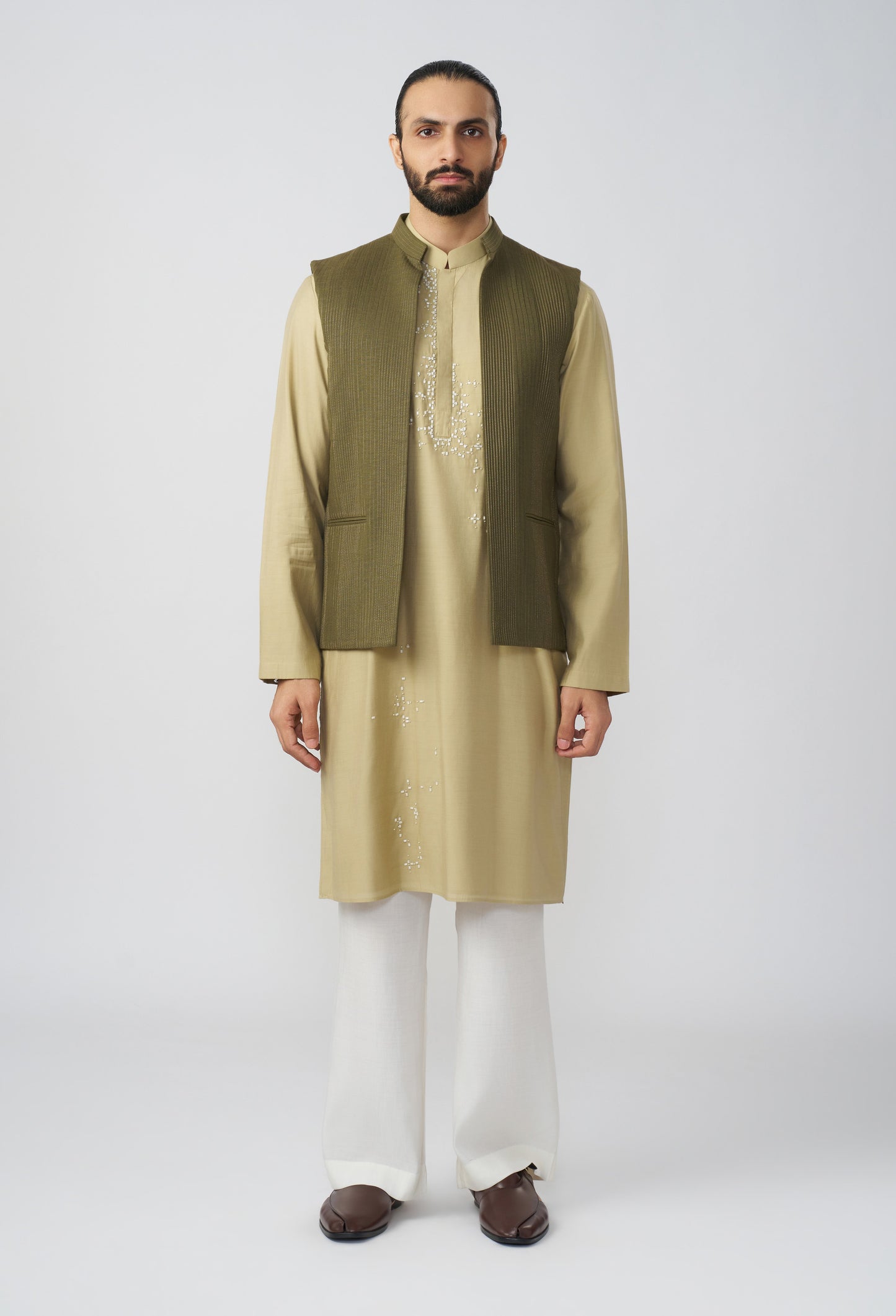 Riviera Stripe Bandi Jacket Set - Olive