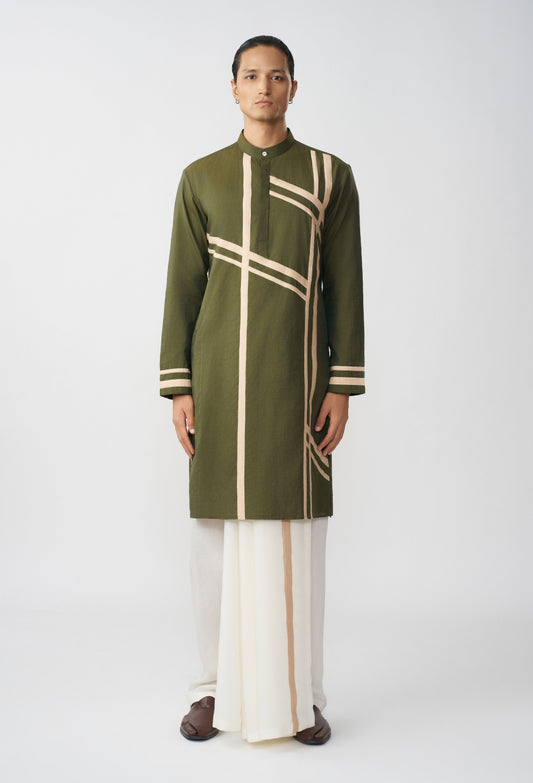 Scaffold Kurta Set & Veshti - Olive